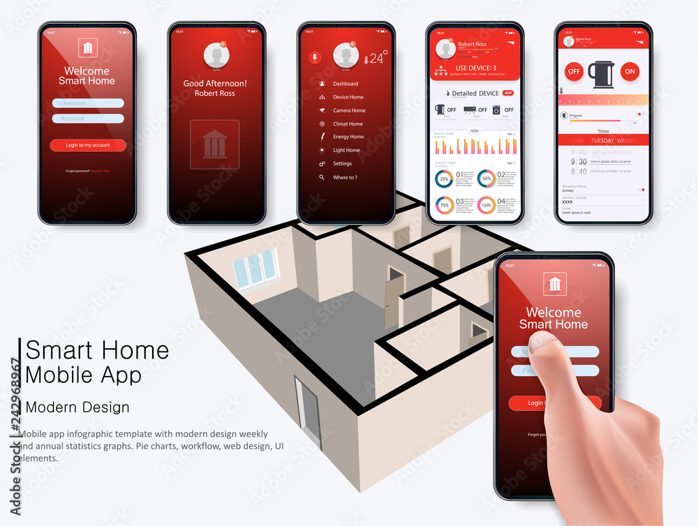 Leinwandbilder Mobile phone controls smart home in the distance through app on your smart phone. Mobile app infographic template with modern design weekly  