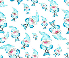 Fototapeta premium Watercolor scandinavian winter elf in blue isolated on white, seamless pattern background