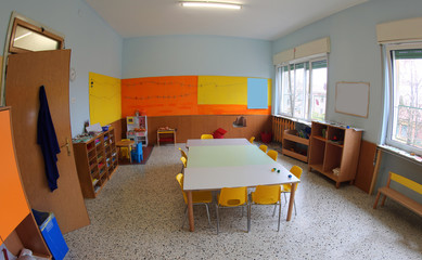 inside a class of a kindergarten with small chairs