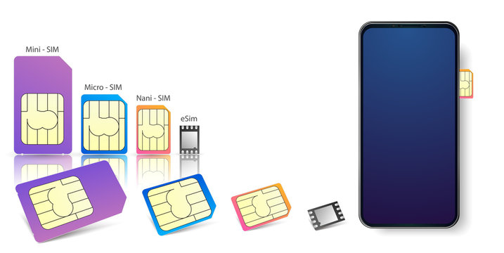Realistic sim phone smartphone icon set with various sizes of sim cards for device vector illustration 