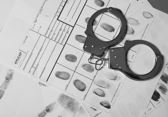 Police handcuffs and criminal fingerprints card, top view