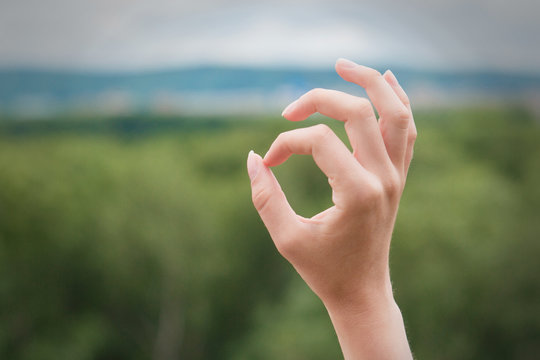 Girl's hand shows OK sign on green nature and sky background