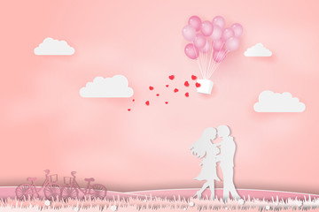 Invitation card Valentine's day abstract background with young joyful couple on  field,Paper art style.