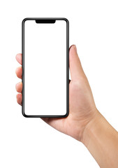 Man hand holding the black smartphone with blank screen and modern frame less design isolated on white