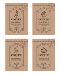 collection of coffee packaging with branch, beans and cup