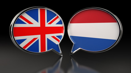 United Kingdom and Netherlands flags with Speech Bubbles. 3D illustration