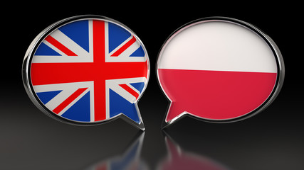 United Kingdom and Poland flags with Speech Bubbles. 3D illustration