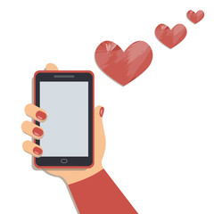 Valentine`s day concept: A mobile phone in the cute female`s hand and the artistic hearts fly out of cellphone. A smartphone in businesswoman`s hand. A red sleeve. Red nails. Vector illustration