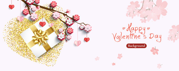 Fototapeta na wymiar Valentine's day banner. Gifts box and heart with glitter, branches of flowers. Horizontal festive posters, greeting card. Objects viewed from above. Flat lay, top view.