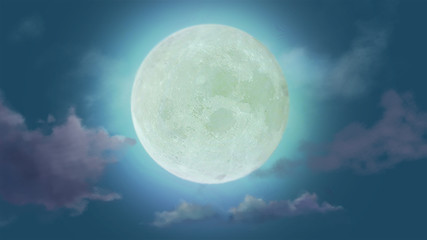 Full moon light in dark night with clouds illustration. Beautiful nature moon scene on night