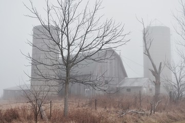 Old farm in the fog in the morning.