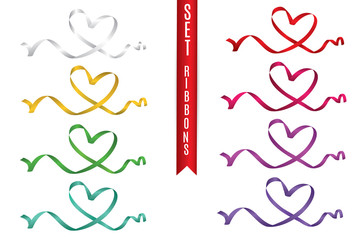 set of colored hearts from ribbons isolated on white background, vector graphics and illustrations
