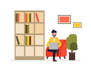 Freelance man working on sofa. Communication character people. Job doing with a laptop.