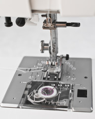 Sewing machine working parts, presser foot needle and spool