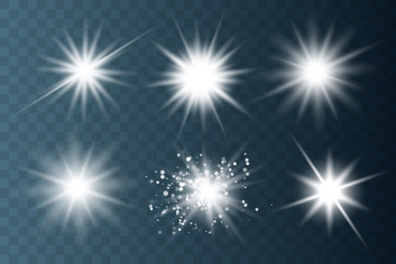 Set of Glowing Light Stars with Sparkles. 