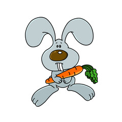 Funny rabbit with orange carrot. Cute cartoon character animal for your design.  Vector ilustration for children. EPS8