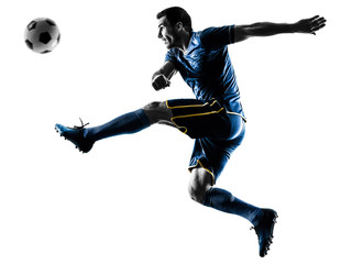 one caucasian soccer player man playing kicking in silhouette isolated on white background - Powered by Adobe