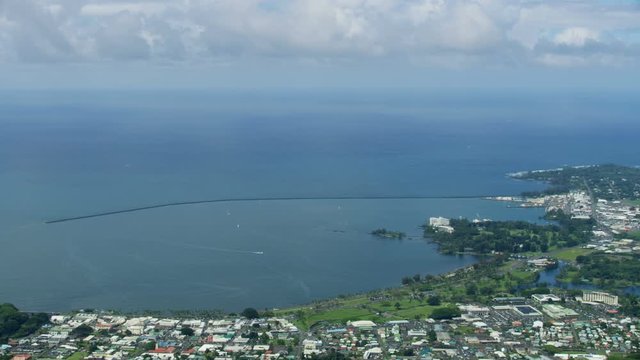 Aerial waterfront view Hilo State Capitol Pacific ocean 