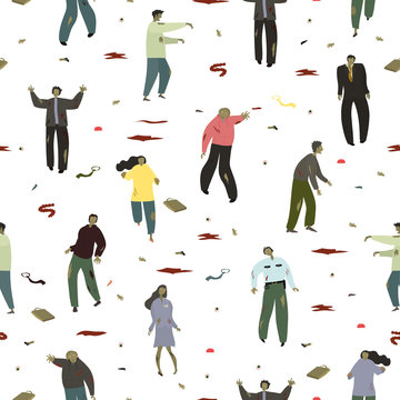 Zombie man and woman Halloween vector seamless pattern. White background