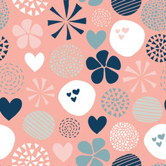 Abstract seamless vector pattern with flowers, dots, hearts in pink, white, coral, blue. Cute modern hand drawn simple feminine design for girls, fabric, digital paper, baby, woman, decor