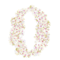 Number zero filled with pastel flowers. Isolated fine detailed design element for advertising.