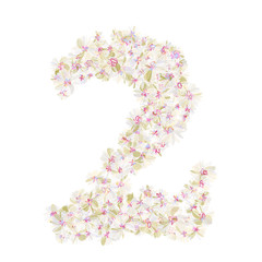 Number two filled with flowers in pastel colors. Isolated fine detailed design element for advertising.