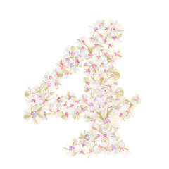 Number four filled with pastel flowers. Isolated fine detailed design element for advertising.