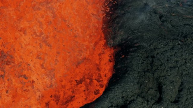 Aerial view boiling red hot magma active volcano