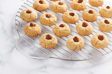 Fresh baked almond cookies on stainless steel grille