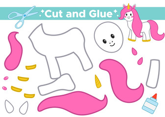 Cute cartoon unicorn. Cut elements and glue. Paper educational game for preschool kids. Vector illustration.