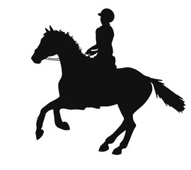 Silhouette of a rider and horse is cantering. Vector sketch.