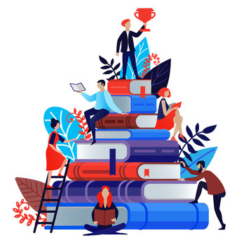 Education concept in flat style. Vector illustration people learn and gain knowledge. The creative design of the schedule students learn on books. Modern vector for banners, websites, brochures