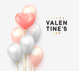 Happy Valentines Day. Realistic Balloons group in shape heart with gold ribbon. 3d ballon isolated on white background. Romantic poster, greeting cards, headers, website. - obrazy, fototapety, plakaty