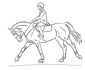 Sketch of a show jumping rider cantering on ahorse.