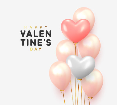 Happy Valentines Day. Realistic Balloons group in shape heart with gold ribbon. 3d ballon isolated on white background. Romantic poster, greeting cards, headers, website.