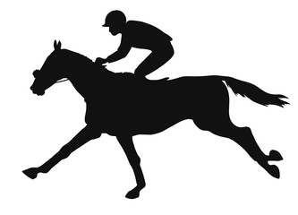 Silhouette of a jockey racing on a horse, vector sketch.
