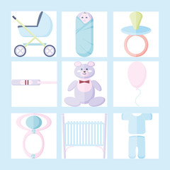 A child, toys, elements of children's life. Character vector ill