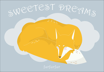 Sleeping on a cloud red fox on a gray background. The text of th