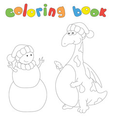 Funny dragon is making a snowman. Winter, Christmas and New Year coloring book for kids