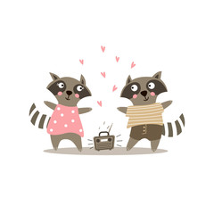 Cute raccoons dancing to the music.