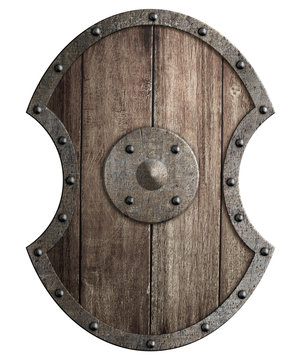 Large wooden shield with metal frame isolated 3d illustration