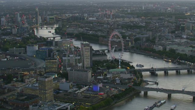 Aerial sunset view London city skyline River Thames