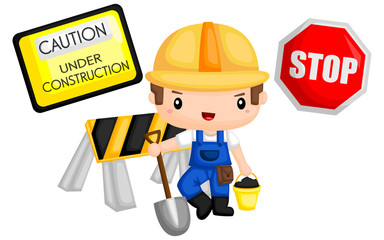 under construction sign with a stop sign next to it