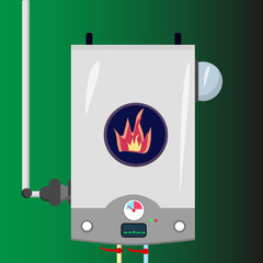gas boiler, on a blue background, fire inside,  vector cartoon illustration, temperature sensors