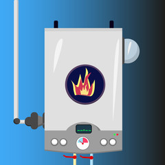 gas boiler, on a blue background, fire inside,  vector cartoon illustration, temperature sensors