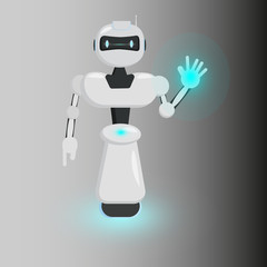 robot waving his hand,  flying, luminous, beautiful modern friendly  robot, vector illustration, gray background