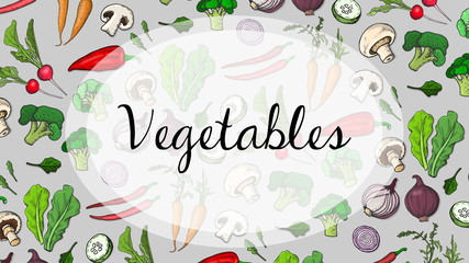 Vector Illustration with Vegetables Pattern: Salad, Carrot, Radish, Broccoli, Tomatoes, Cucumber, Pepper, Onion, Mushrooms