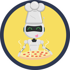 robot chef in the cap with pizza in yellow icon, funny, smiles, Chatbot icon concept, smell of pizza, accepting orders, food concept