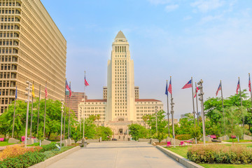Front view of Los Angeles City Hall and Civic Center buildings in Downtown of LA. The building is...