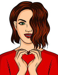 Color vector illustration of a beautiful girl showing with her hands a heart sign. A young brunette smiles and shows a sign of love. Isolated character for greeting card design for Valentine's Day